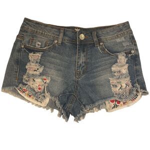 Almost Famous Size 5 Embroidered Pocket Cut Off Jean Shorts EUC